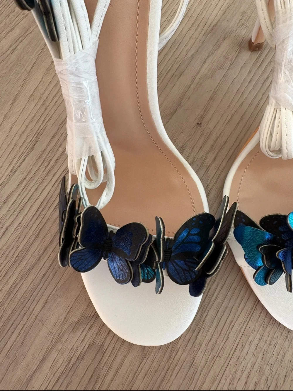 I adore White Ankle-Tie Heels with Blue and Black Butterfly Accents laceup